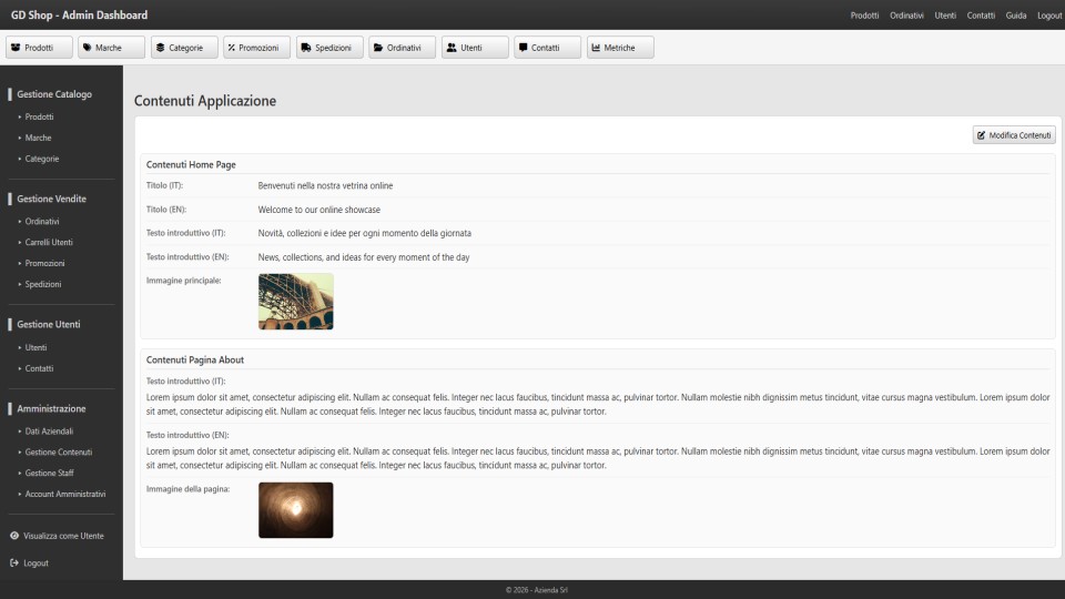 Piattaforma ecommerce GD Shop area admin gestione contenuti