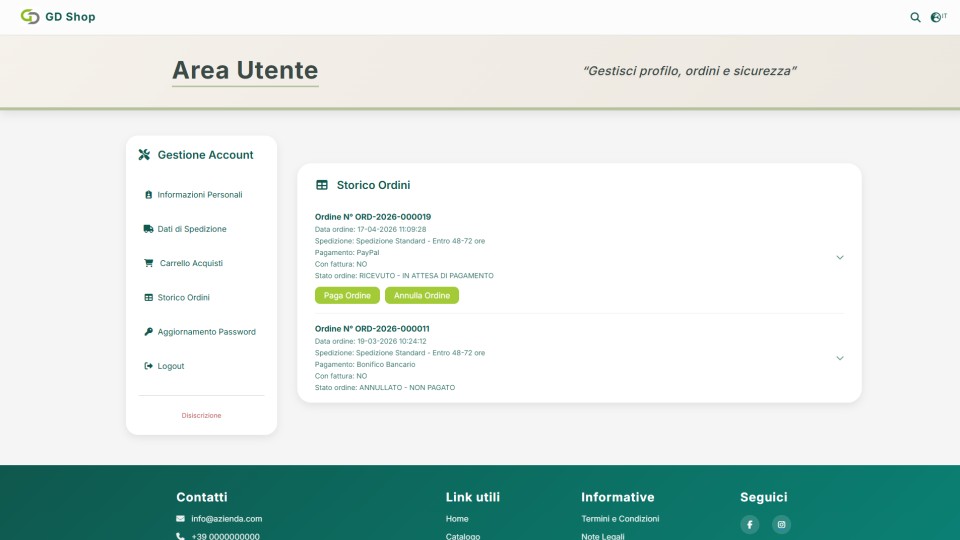 Piattaforma ecommerce GD Shop area utente