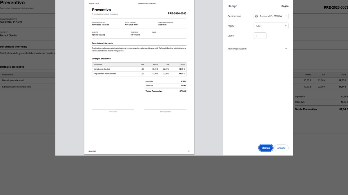 Software Gestionale per Centro Riparazioni - Stampa Preventivo