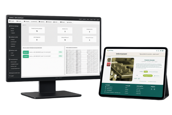 Sito Commerce Platform dashboard amministrazione e dettaglio prodotto